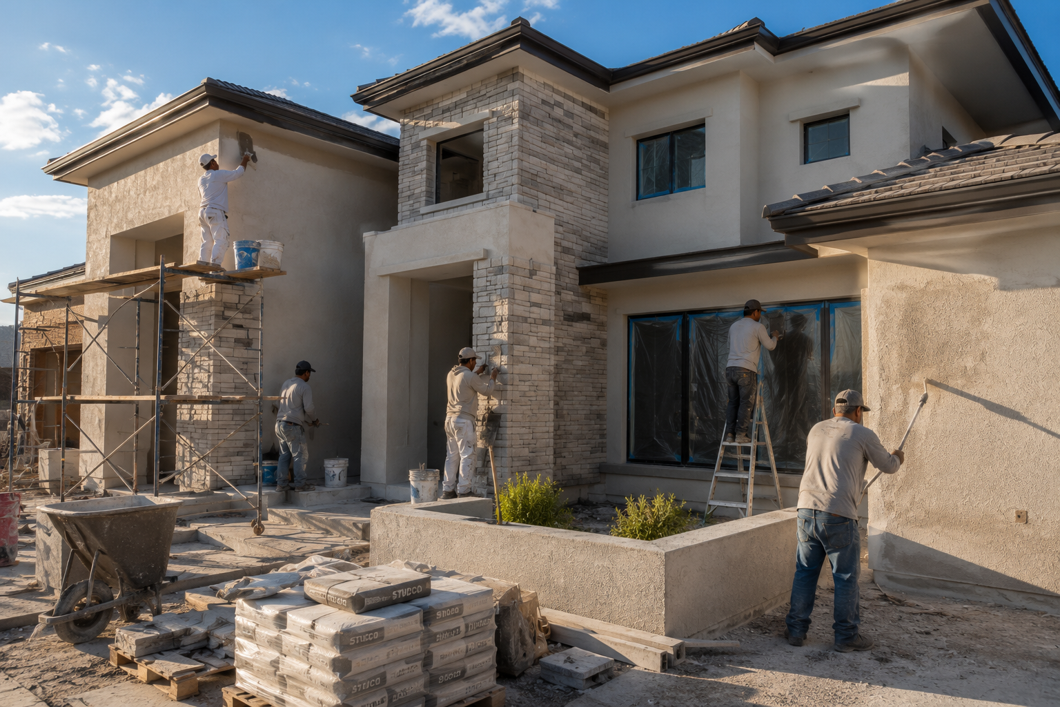 Crew installing stucco and stone on a two story home