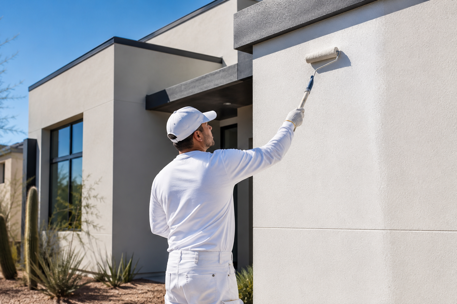 Painter rolling exterior paint on a modern desert home