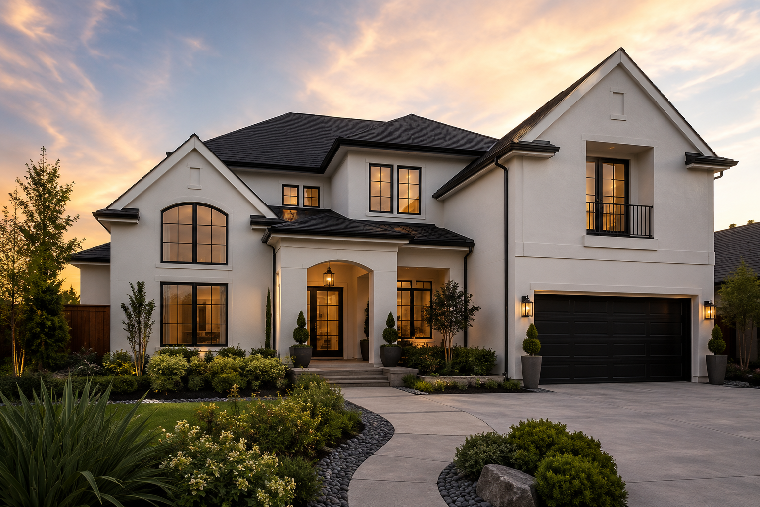 White stucco home exterior at dusk