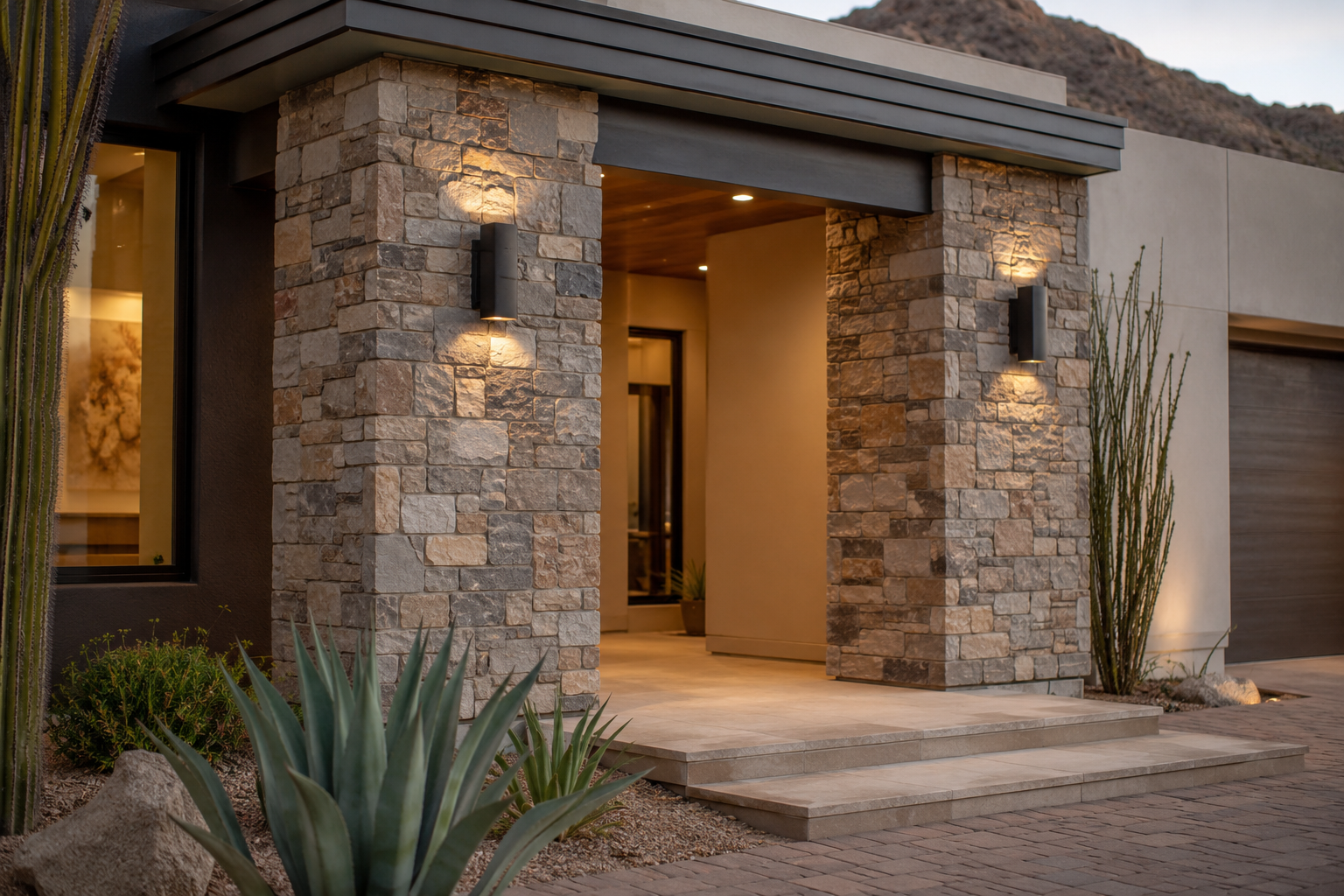 Stone veneer entry columns on a desert home